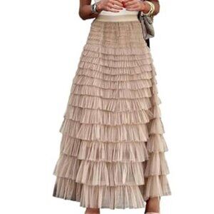 Fairy Tulle Maxi Skirt High Waisted Layered Mesh A Line Women Pink